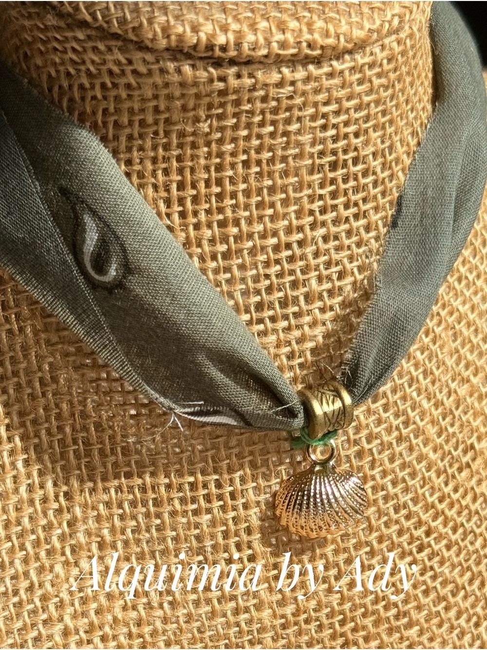 Olive Green bandanna Scarf Necklace with Gold Shell Charm